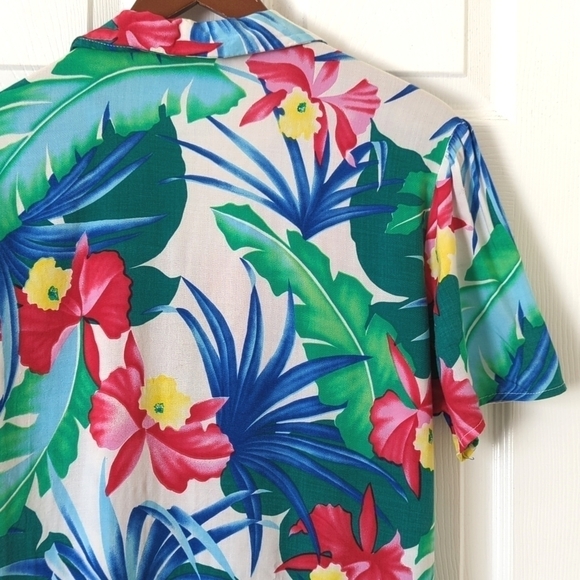 Bloomingdale's 80's Vintage Bright Tropical Short Sleeve Button Down Shirt Large - Picture 11 of 12
